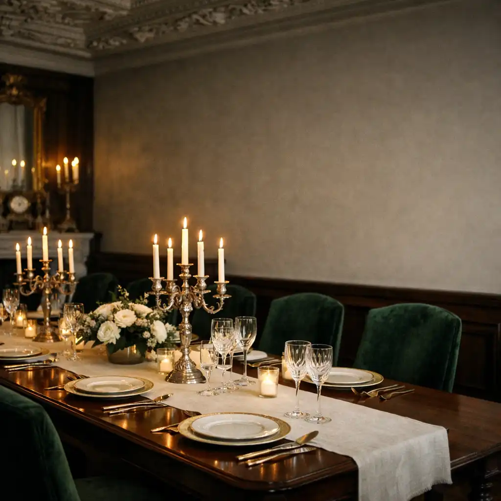 Elegancki stół do prywatnej kolacji z lnianym obrusem, złotymi talerzami i świecznikami