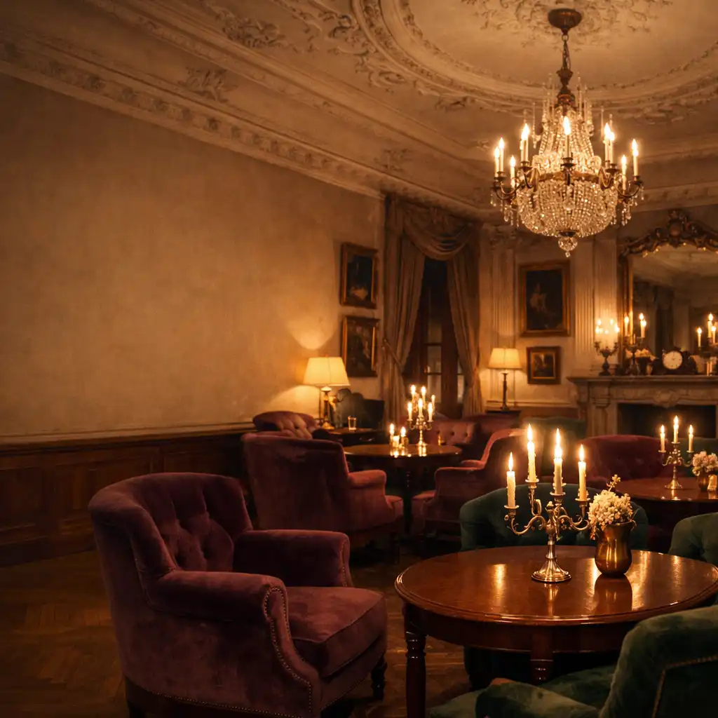 Zabytkowy salon Nocmireli z aksamitnymi fotelami, mahoniowymi stołami i świecami w kandelabrach