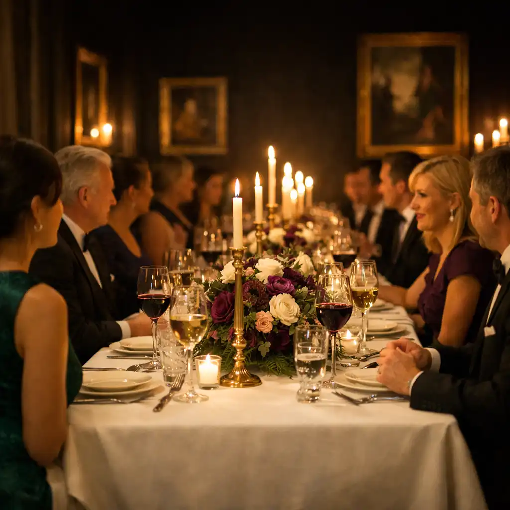 Goście przy elegancko nakrytym stole podczas wydarzenia Nocmireli, w ciepłym świetle świec
